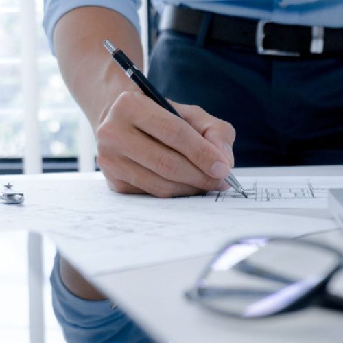 Colleagues interior designer Corporate Achievement Planning Design on blueprint Teamwork Concept with compasse.